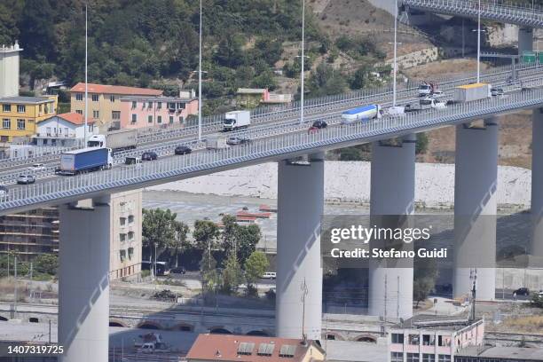 General view of San Giorgio Bridge Highway of Genoa on July 7, 2022 in Genoa, Italy. Forty-three people died when the Morandi Bridge in Genoa...