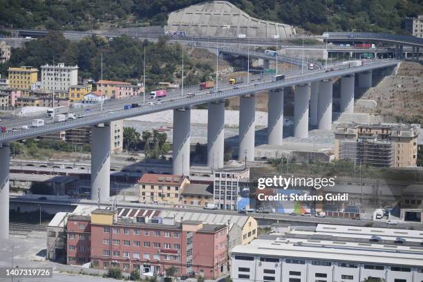 General view of San Giorgio Bridge Highway of Genoa on July 7, 2022 in Genoa, Italy. Forty-three people died when the Morandi Bridge in Genoa...