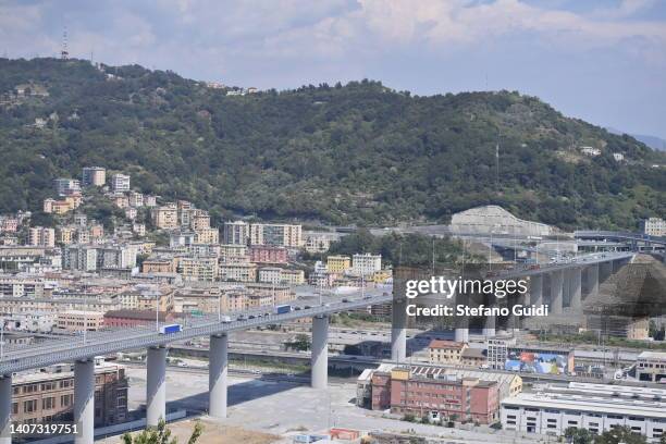 General view of San Giorgio Bridge Highway of Genoa on July 7, 2022 in Genoa, Italy. Forty-three people died when the Morandi Bridge in Genoa...