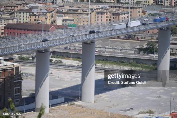 General view of San Giorgio Bridge Highway of Genoa on July 7, 2022 in Genoa, Italy. Forty-three people died when the Morandi Bridge in Genoa...