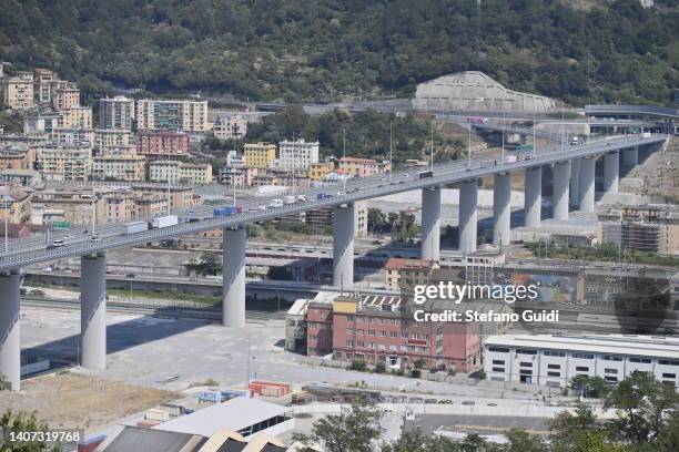 General view of San Giorgio Bridge Highway of Genoa on July 7, 2022 in Genoa, Italy. Forty-three people died when the Morandi Bridge in Genoa...