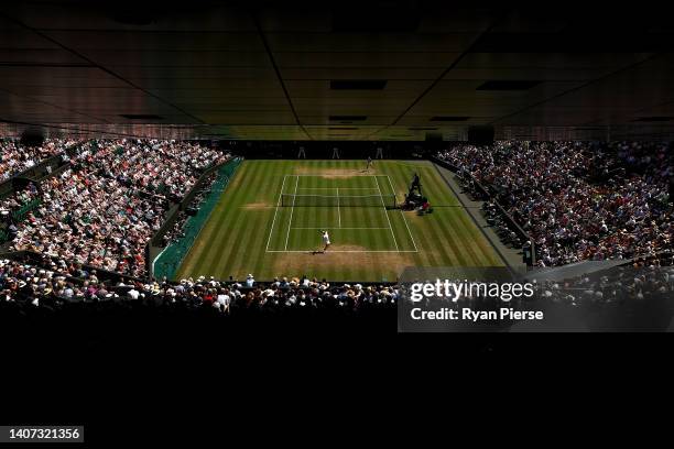 General view inside Centre Court as Ons Jabeur of Tunisia serves against Tatjana Maria of Germany during their Women's Singles Semi-Final match on...