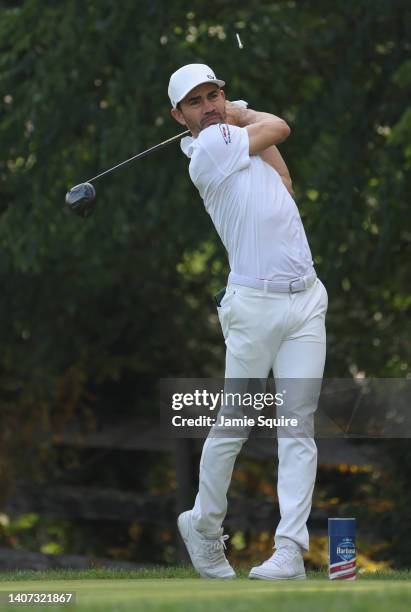 Camilo Villegas of Colombia plays his tee shot on the 17th hole during the first round of the Barbasol Championship at Keene Trace Golf Club on July...