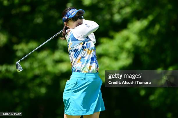 Hiroko Azuma of Japan hits her tee shot on the 3rd hole during the first round of Nipponham Ladies Classic at Katsura Golf Club on July 07, 2022 in...