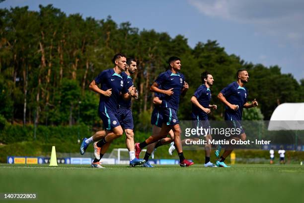 Players of FC Internazionale Milano in action during the FC Internazionale training session at the club's training ground Suning Training Center at...