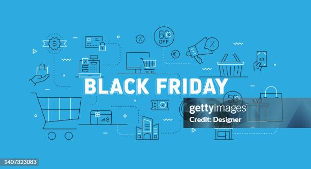 black friday related modern line banner with icons - online shopping stock illustrations