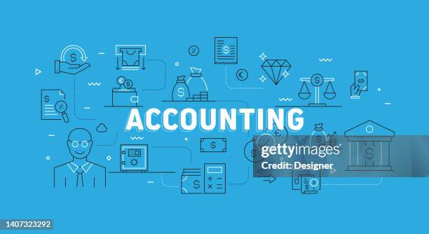 accounting related modern line banner with icons - accounting background stock illustrations