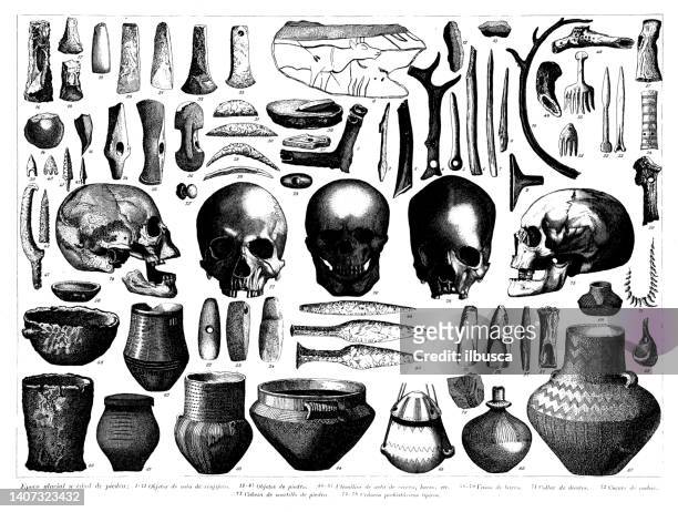 antique engraving collection, civilization: ice and stone age - archaeology tool stock illustrations