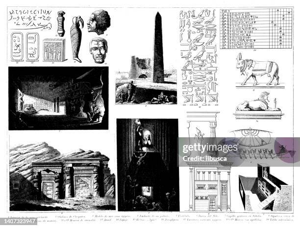 stockillustraties, clipart, cartoons en iconen met antique engraving collection, civilization: egyptians - beschrijvende begrippen