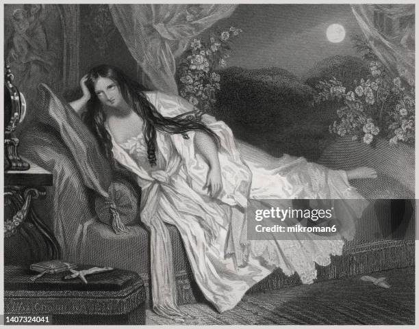 old engraved illustration of dreamy woman lying in bed - archival stock illustrations stock pictures, royalty-free photos & images