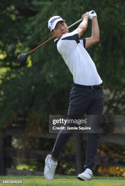 Michael Kim of the United States plays his tee shot on the seventh hole during the first round of the Barbasol Championship at Keene Trace Golf Club...