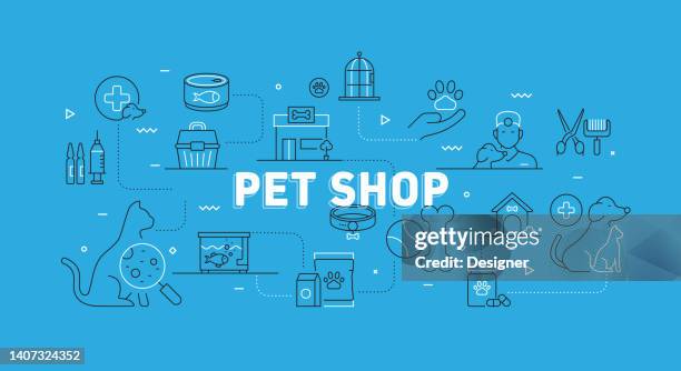 bildbanksillustrationer, clip art samt tecknat material och ikoner med pet shop related modern line banner with icons - djuraffär