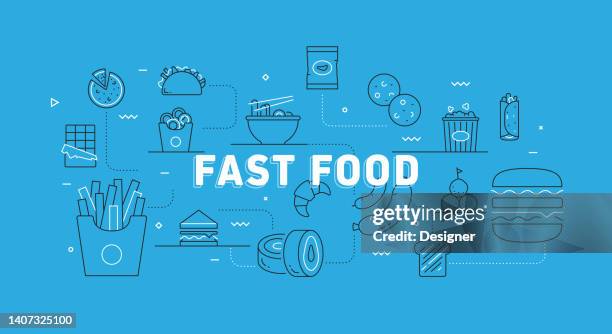 fast food related modern line banner with icons - breaded stock illustrations