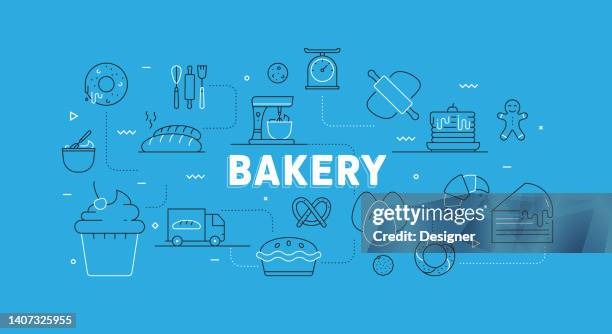 bakery related modern line banner with icons - creme eggs stock illustrations