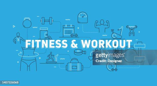 fitness and workout related modern line banner with icons - 踏板操 幅插畫檔、美工圖案、卡通及圖標