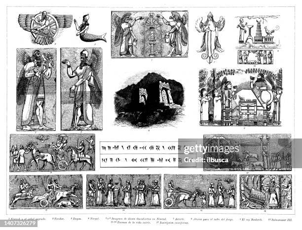 antique engraving collection, civilization: assyrians - archaeology tool stock illustrations