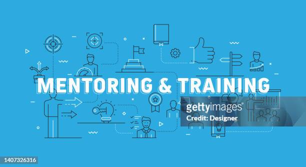 mentoring und training bezogenes modernes line-banner mit icons - mentor stock-grafiken, -clipart, -cartoons und -symbole