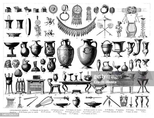 antique engraving collection, civilization: greeks - ancient greece stock illustrations