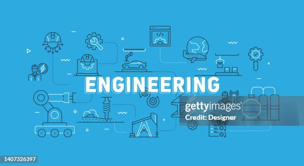 ilustraciones, imágenes clip art, dibujos animados e iconos de stock de banner de línea moderna relacionado con la ingeniería con iconos - ingeniería