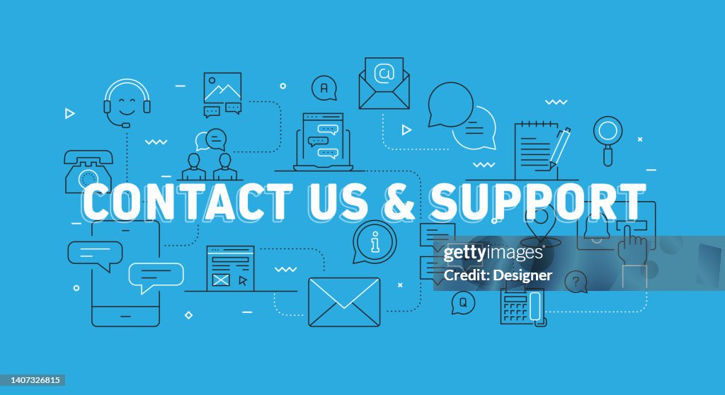 Contact Us and Support Related Modern Line Banner with Icons