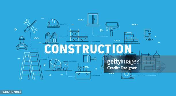 construction related modern line banner with icons - water pump stock illustrations