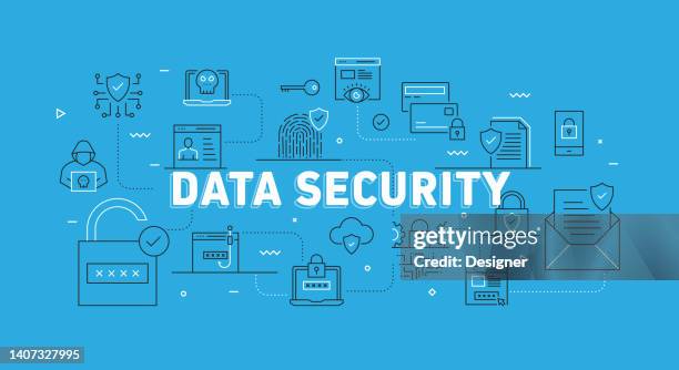 data security related modern line banner with icons - security shield background stock illustrations