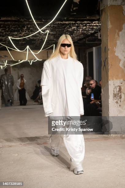Model walks the runway during the Vetements Haute Couture Fall Winter 2022 2023 show as part of Paris Fashion Week on July 07, 2022 in Paris, France.