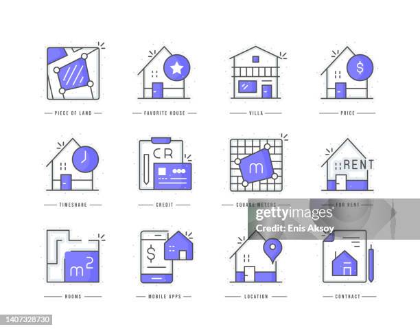 illustrations, cliparts, dessins animés et icônes de icônes colorées de ligne plate immobilière - villa