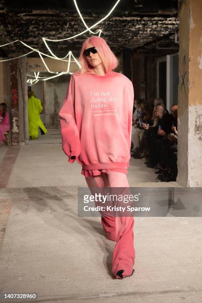 Model walks the runway during the Vetements Haute Couture Fall Winter 2022 2023 show as part of Paris Fashion Week on July 07, 2022 in Paris, France.