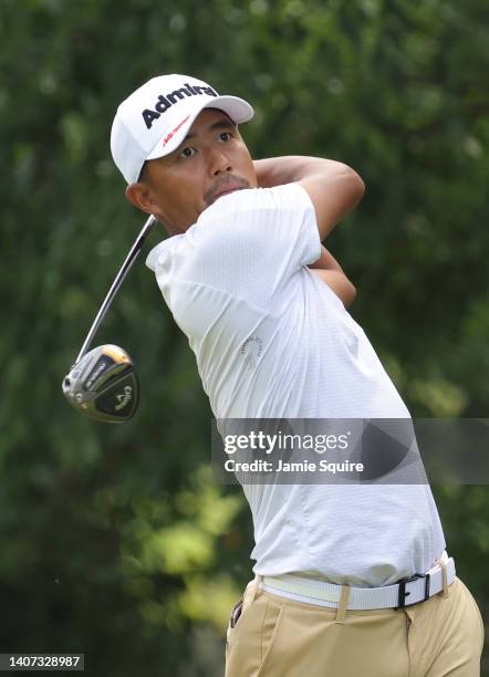 Satoshi Kodaira of Japan plays his tee shot on the seventh hole during the first round of the Barbasol Championship at Keene Trace Golf Club on July...