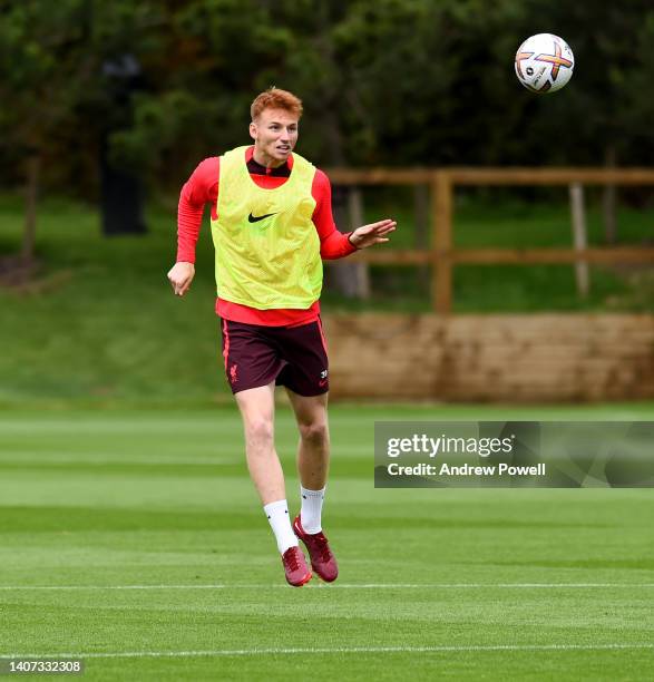 Sepp van den Berg of Liverpool during a pre-season training session at AXA Training Centre on July 07, 2022 in Kirkby, England.