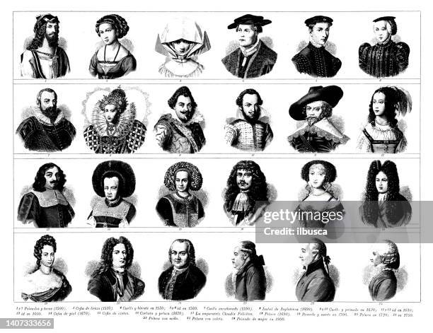 antique engraving collection, civilization: europeans - historical figures stock illustrations