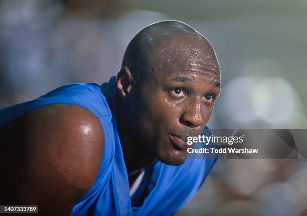 Lamar Odom, Forward for the University of Rhode Island Rams looks on during the NCAA Sparkletts Invitational college basketball game against the...