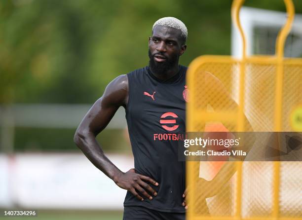 Tiémoué Bakayoko of AC Milan in action during a training session at Milanello on July 07, 2022 in Cairate, Italy.