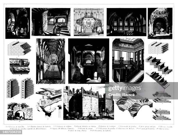 antique engraving collection, construction and engineering: architecture - site selection stock illustrations