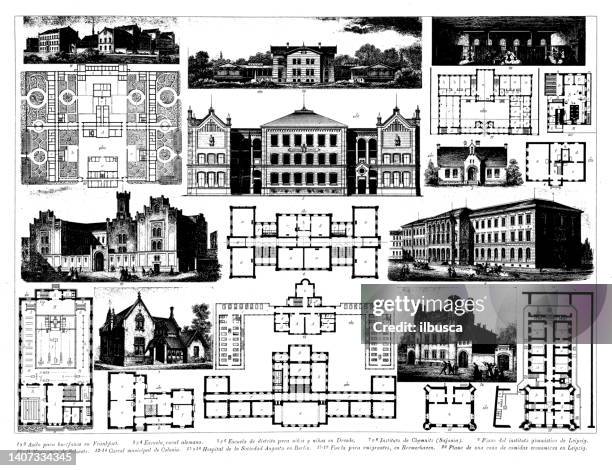 antique engraving collection, construction and engineering: architecture - site selection stock illustrations