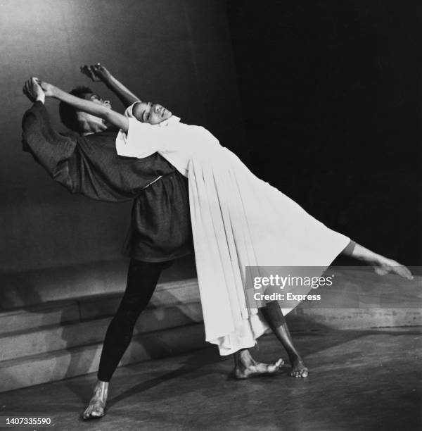 Dancer and choreographer Ronald Frazier as 'Joseph' and dancer and choreographer Christa Lawson as 'Mary' performing together in 'Black Nativity', A...