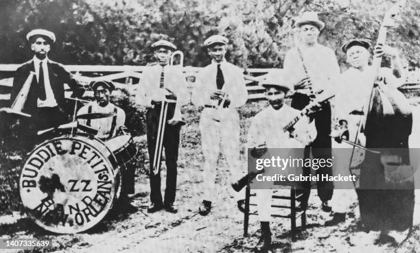 American early jazz cornetist Buddie Petit with his band, Louisiana, US, circa 1920; Leon René, Eddie 'Face-O' Woods, George Washington, Buddie...