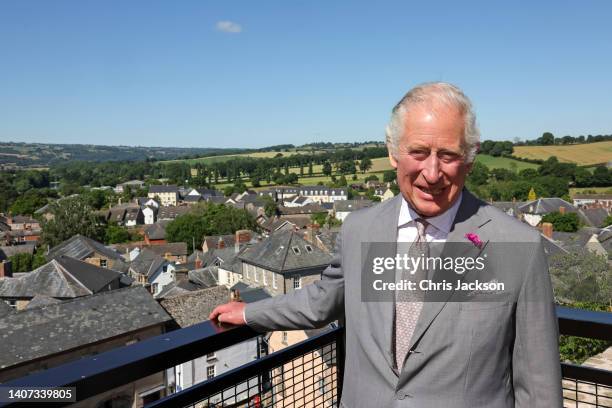 Prince Charles, Prince Of Wales poses for a photograph at the viewing platform during a visit to Hay Castle on July 07, 2022 in Hay-on-Wye,...