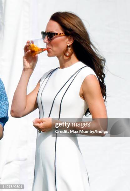 Catherine, Duchess of Cambridge attends the Out-Sourcing Inc. Royal Charity Polo Cup at Guards Polo Club, Flemish Farm on July 6, 2022 in Windsor,...