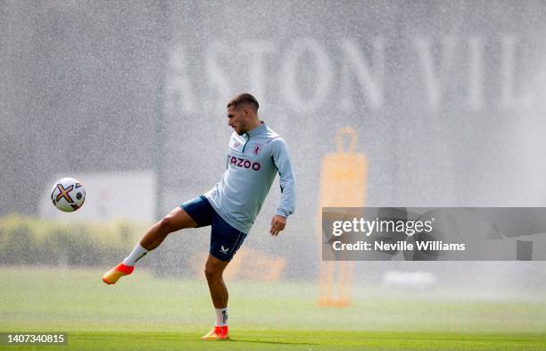 Emi Buendia of Aston Villa in action during a training session at Bodymoor Heath training ground on July 06, 2022 in Birmingham, England.