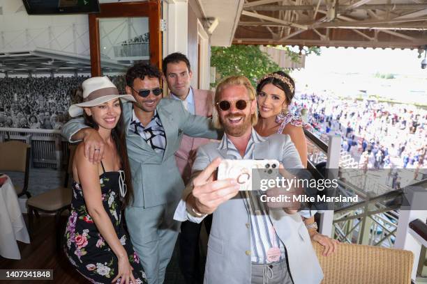 Berenice Gomez, Alistair Guy, Zafar Rushdie, Lucy Mecklenburgh and Ryan Thomas attend Ladies Day at the Newmarket Racecourse July Festival on July...