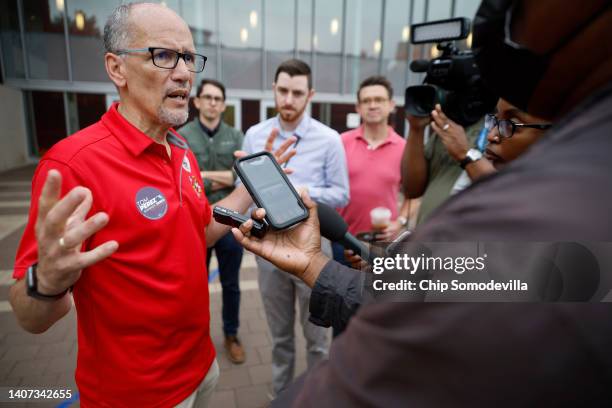 Maryland Democratic gubernatorial candidate Tom Perez talks with journalists after casting his ballot during the first day of early voting in the...