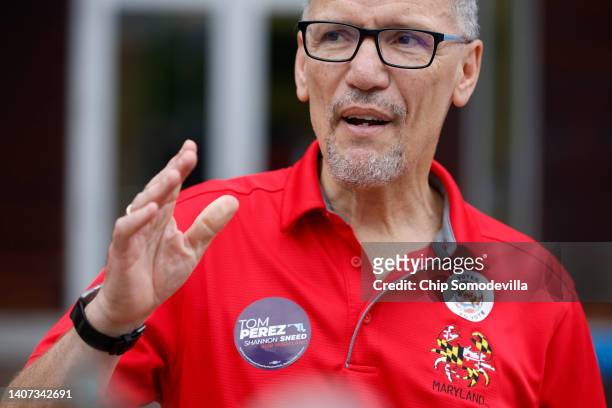 Maryland Democratic gubernatorial candidate Tom Perez talks with journalists after casting his ballot during the first day of early voting in the...