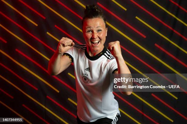 Marina Hegering of Germany poses for a portrait during the official UEFA Women's EURO 2022 portrait session on April 04, 2022 in Rheda-Wiedenbruck,...