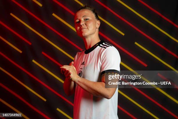 Marina Hegering of Germany poses for a portrait during the official UEFA Women's EURO 2022 portrait session on April 04, 2022 in Rheda-Wiedenbruck,...