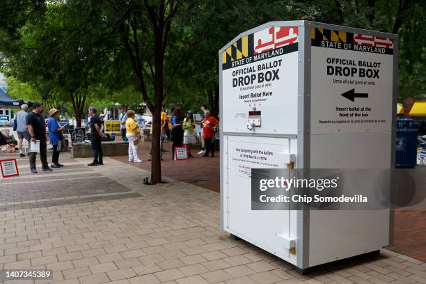 An official ballot drop box stands outside the Silver Spring Civic Building at Veterans Plaza during the first day of early voting in the state on...