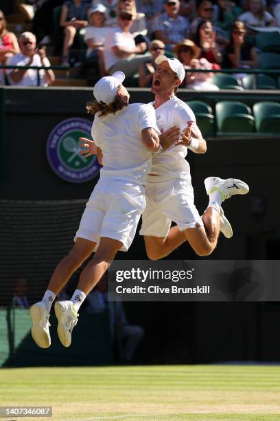 Matthew Ebden of Australia and Max Purcell of Australia celebrate winning match point against Rajeev Ram of The United States and Joe Salisbury of...
