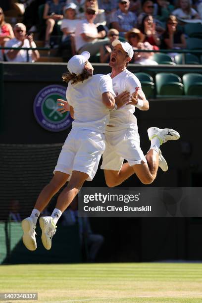 Matthew Ebden of Australia and Max Purcell of Australia celebrate winning match point against Rajeev Ram of The United States and Joe Salisbury of...