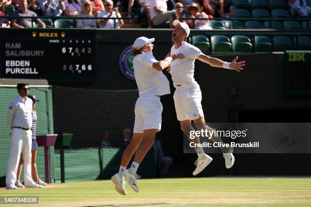 Matthew Ebden of Australia and Max Purcell of Australia celebrate winning match point against Rajeev Ram of The United States and Joe Salisbury of...